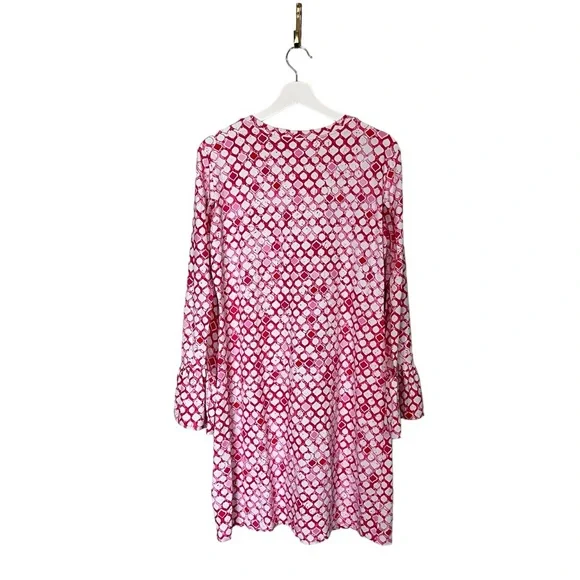 Ibkül Pink White Geo Print Long Mesh Sleeve 1/4 Popover Shift Active Dress Sz L - Picture 6 of 13